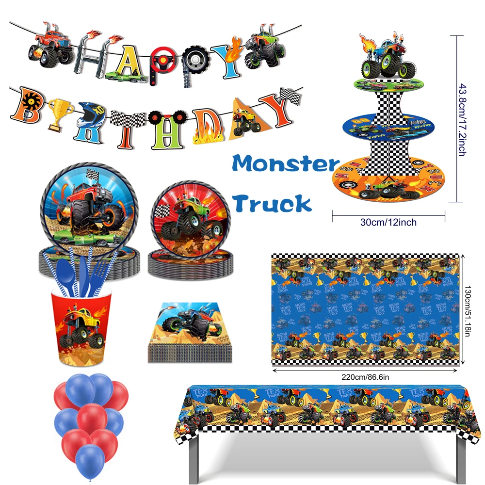 Cartoon Racing Car Monster Truck Game Birthday Party Paper Disposable  Tableware Sets Banner Tablecovers Baby Shower Party Decors - Disposable  Party Tableware - AliExpress