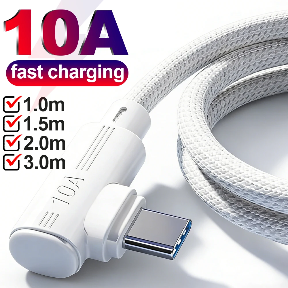 10A 고속 충전 USB-C 케이블 USB 타입 C 직각 나일론 편조 충전기 와..