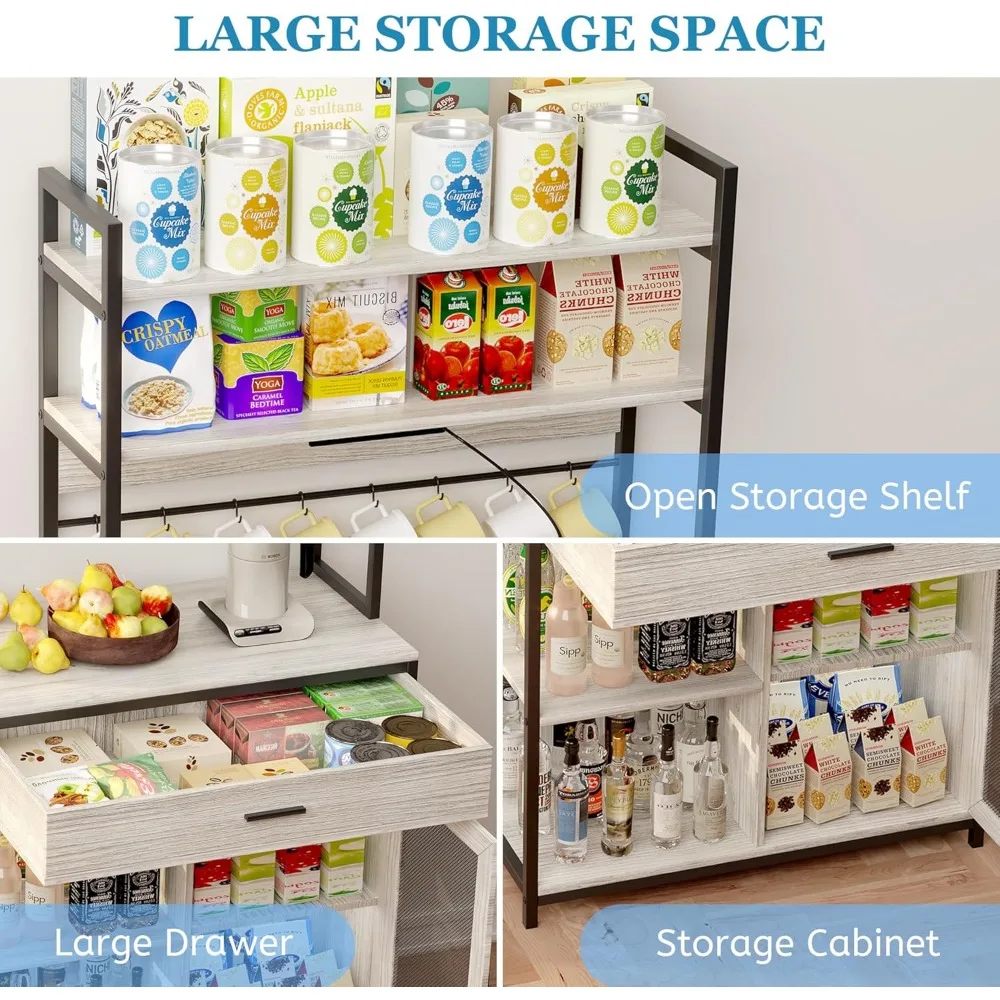 5-Tier Bakers Rack with Power Outlet, Kitchen Bakers Rack with Storage and Lights, Coffee Bar Table,Microwave Stand with 8 Hooks 5