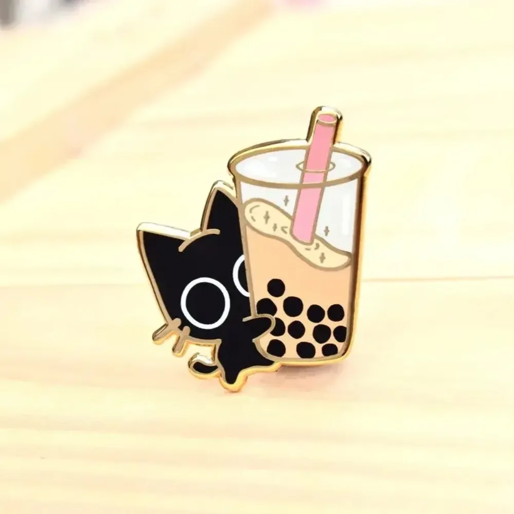 Kawaii Black Cat Bubble Tea Enamel Pin - Cute Sweets Badge Gift