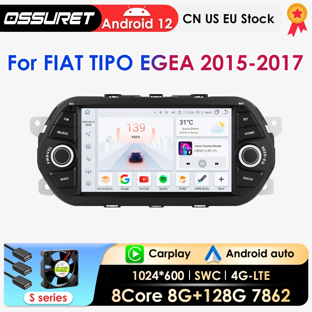 2Din Carplay Autoradio Android Per Fiat Tipo Egea 2015-2017 Lettore Video Multimediale Navigazione Stereo Gps Octa Core 7862