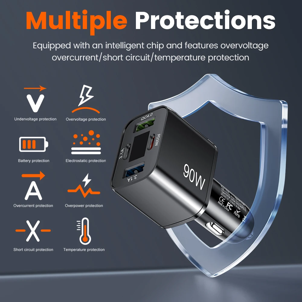 4Ports USB C Car Phone Charger Super Fast Charge in Car with LED Voltage Display for iPhone Samsung Huawei Oneplus Android Phone