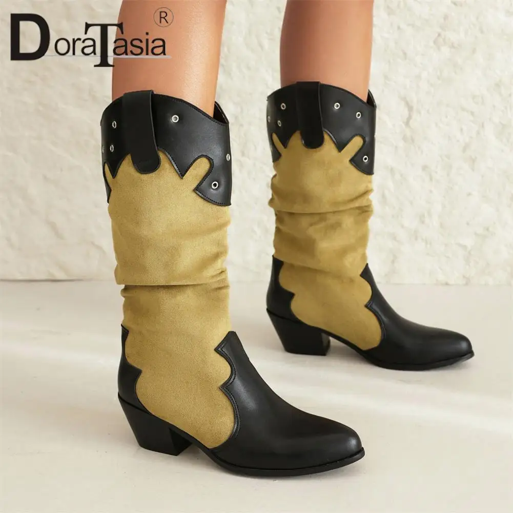 New Ladies Pointed Toe Cowboy Boots Fashion Mixed Colors Chunky Heels women's Western Cowgirl Boots Casual Party Woman Shoes