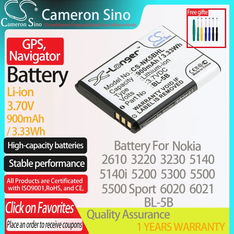 Batteria Cameronsino Per Nokia 2610 3220 3230 5140 5140I 5200 5300 5500 5500 Sport 6020 Adatto A Nokia Bl-5B Gps, Batteria Navigatore