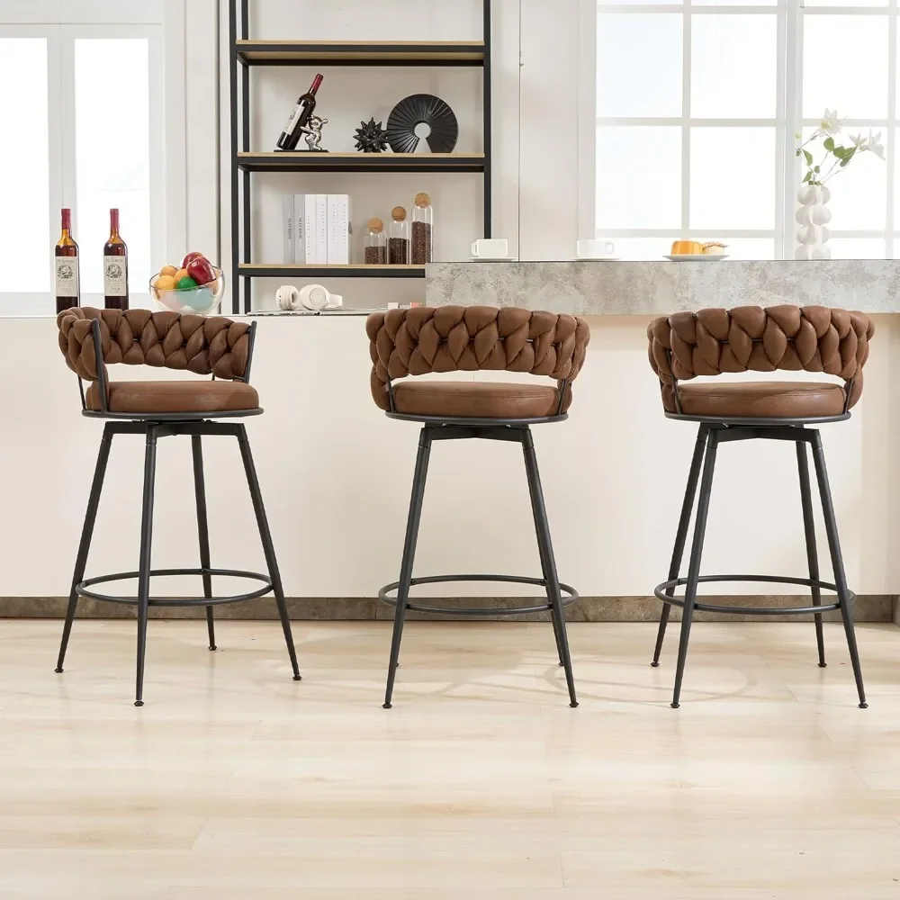 Swivel Bar Stools, Modern Counter Height Bar Stools with Woven Back, Upholstered Suede Tall Barstools for Kitchen Island