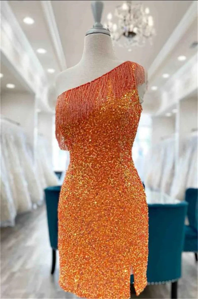 

Orange Homecoming Dresses 2023 Sheath One-shoulder Mini Knee-length Tassles Sexy Sleeveless Sequin Party Sparkly Gown with Slit