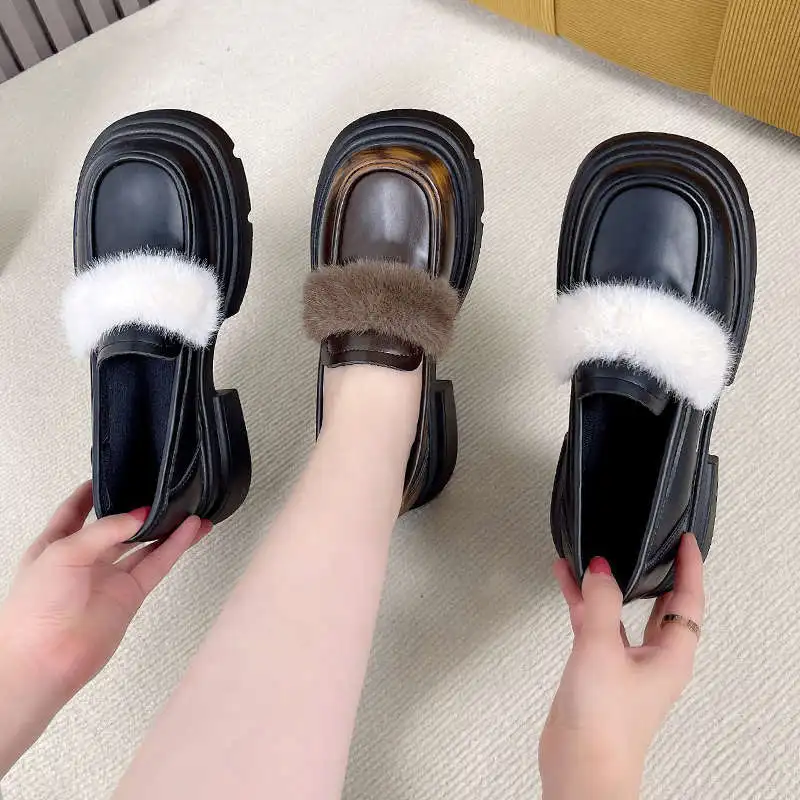 Round Toe Loers Fur Shoes Woman Flats Casual Female Sneakers Slip-on British Style Oxfords Clogs Platform Dress On Heels Slip
