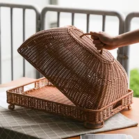 Retro Imitation Rattan Meal Cover Square Dining Table Cover Food Cover Fly-Proof Cover Hotel Snack Plate with Lid Breakfast Cover Fruit Basket Round Snack Basket Rattan with Lid Storage Basket Jewelry Cosmetics Toy Storage Box Imitation Rattan Woven 1