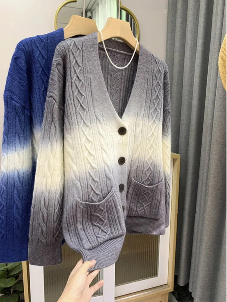 

V-neck Fashion Gradient Color Cardigan Fall Slouchy Elegant Temperament Korean-style Loose Warm Jacket