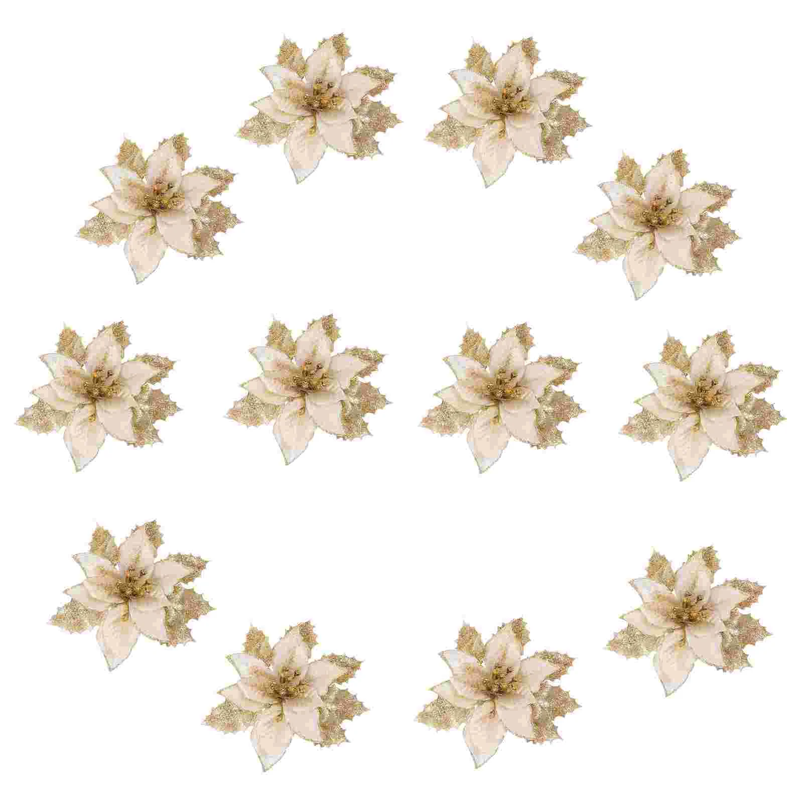 

12 Pcs Glitter Christmas Flowers Decoration Artificial Tree Hanging Gold Powder
