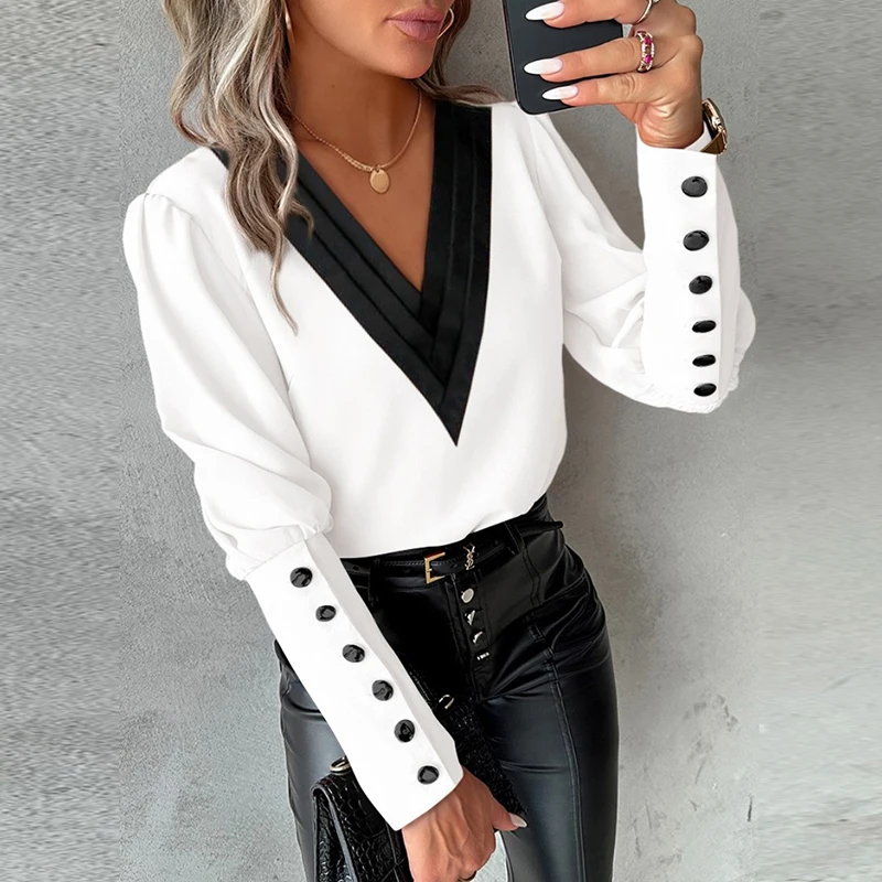 

Office Elegant Solid Top Blouses Spring Autumn Contrasting V-neck Long Sleeved Shirt Lady Fashion Patchwork Button Slim Pullover