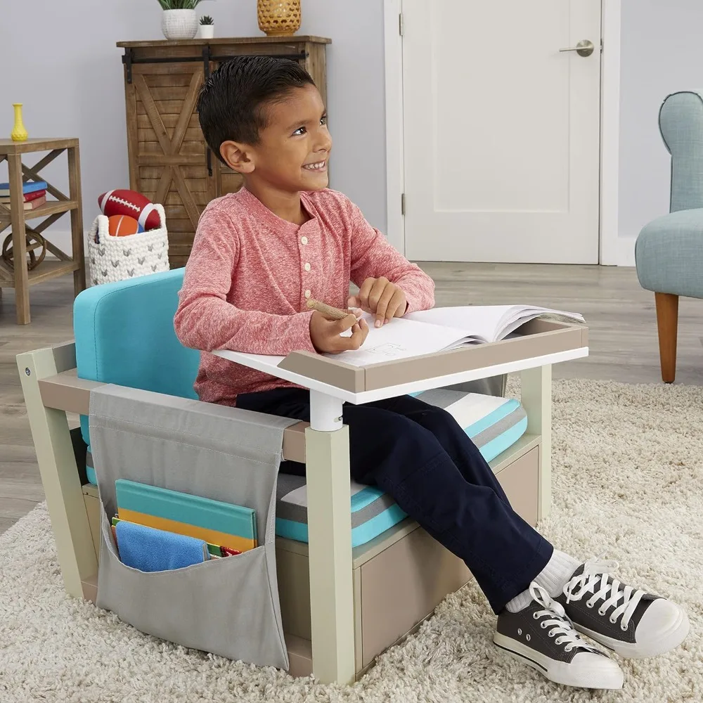 

2-in-1 Fun & Study Swivel Real Wood Desk with Chair Set, Fabric Cushion, Study Desk with Storage, Modern Design