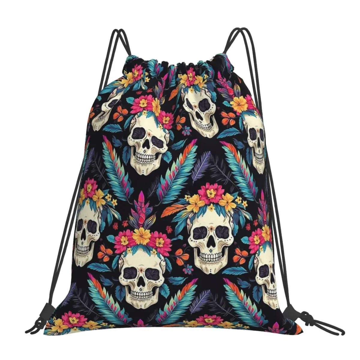 

Skull Flowers Backpacks Casual Portable Drawstring Bags Drawstring Bundle Pocket Sports Bag Book Bags For Man Woman School
