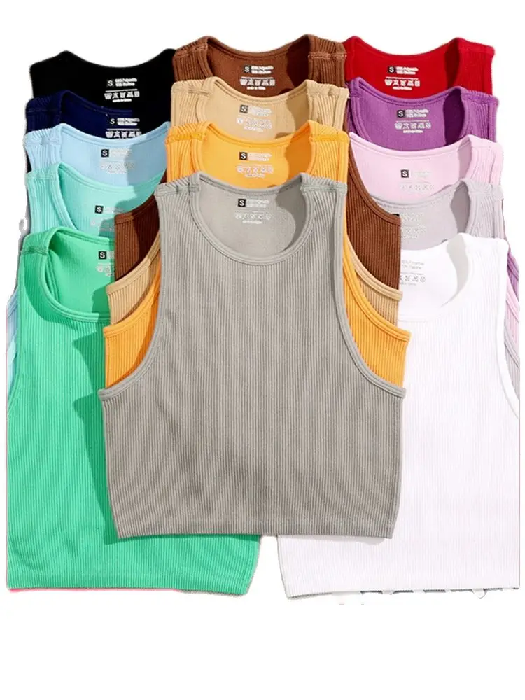 

Tank Tops Women Solid Basic T-shirts Vest Seamless Streetwear Elastic Rib-Knit Sleeveless Casual Crop Top Female Fitness Vest