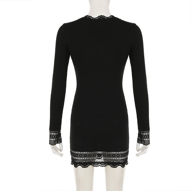 Gothic Dress y2k Women Clothes Lace Trim Round Neck Long Sleeve Ribbed Bodycon Dress Grunge Party Dresses Streetwear