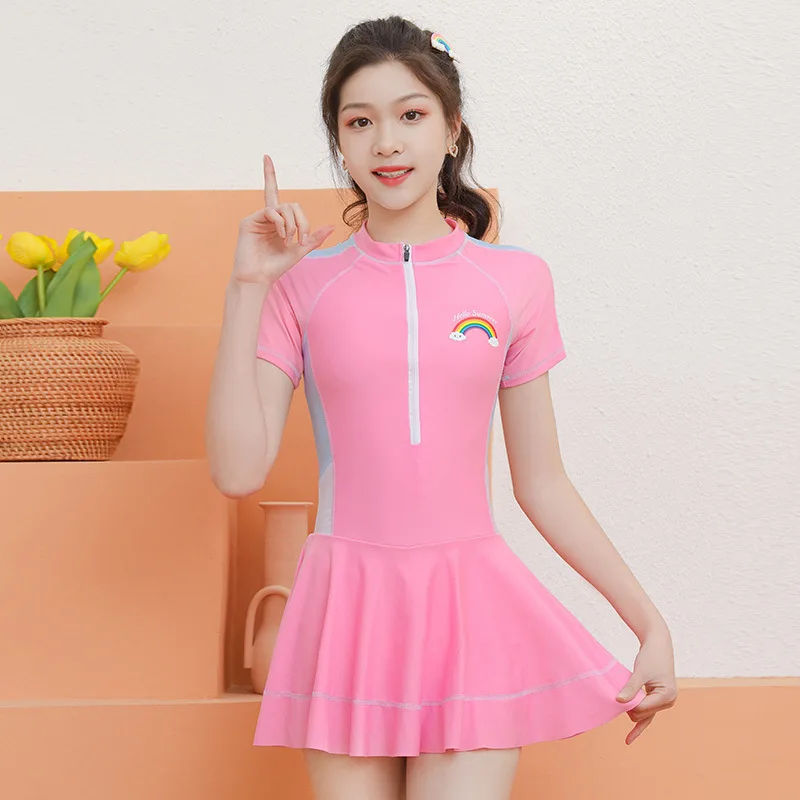 

Summer One Piece Swimsuit With Skirt 2023 Women Short Sleeve Swimwear Female Sports Beachwear Bodysuit Bathing Swimming Suits