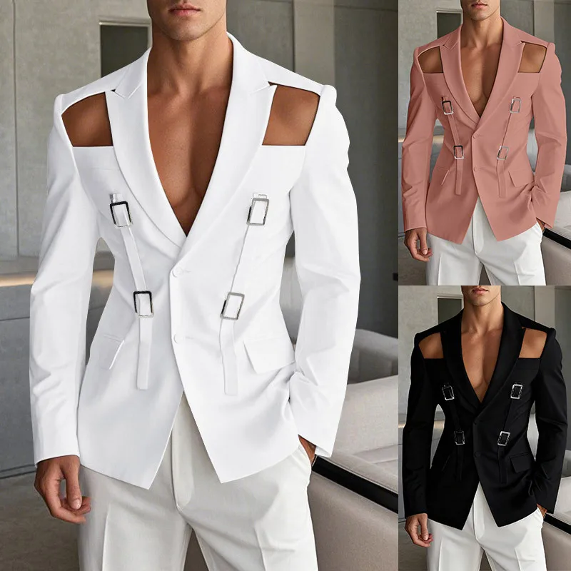Ausgehöhlte, schicke Anzüge für Herren, Blazer, strukturierte Metallschnalle, einfarbig, langärmelig, Jacken, beliebte Slim-Fit-Performance-Kostüme – Detail 2
