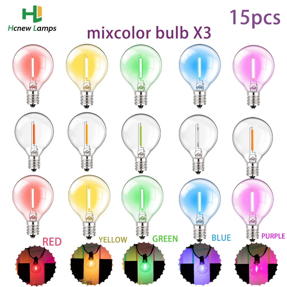 

15PCS Винтаж RGB Строка Свет Замена Лампочки E12 Розетка 220V 110V G40 1W Светодиодные Лампочки Для Улицы Гирлянда Патио Партии Украшения