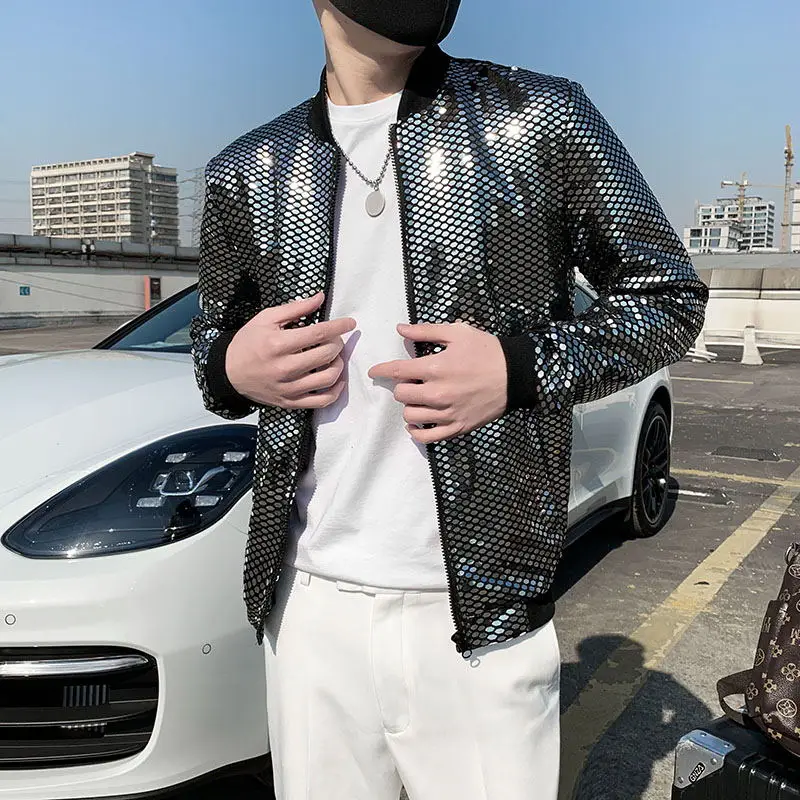 2022 Summer Sequined Bomber Jacket Men Shiny Sequins Long Sleeve Glitter Zipper Coat Hip Hop Night Club Stage Streetwear Coats