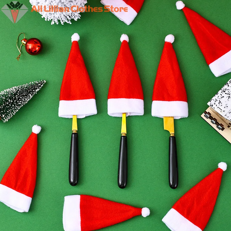 10Pcs Christmas Hats Mini Santa Claus Hat Lollipop Caps Wine Bottle Covers For Xmas Dinner Decoration New Year Party Supplies