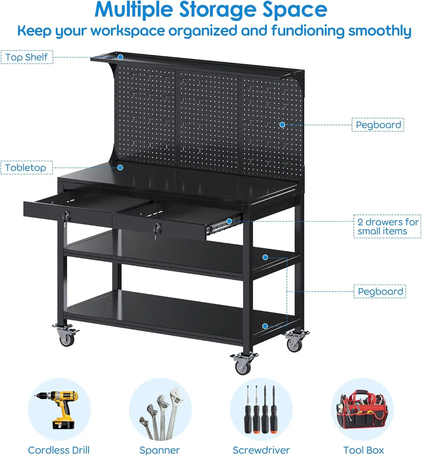 Tall Metal Workbench with Shelf and Pegboard Mobile Garage Workbench 2 Tool Drawer Lockable