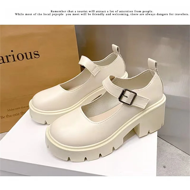 2023Lolita Shoes Japanese Girl Platform Black High Heels Fashion Round Toe  Jane Women Patent Faux Leather Student Cosplay Shoes