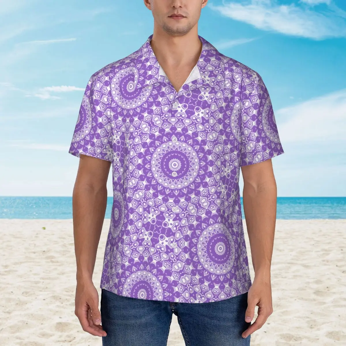 

Amethyst Lavender Mandala Casual Shirt Purple White Print Teal Floral Loose Hawaii Shirts Men Beach Streetwear Oversized Blouses