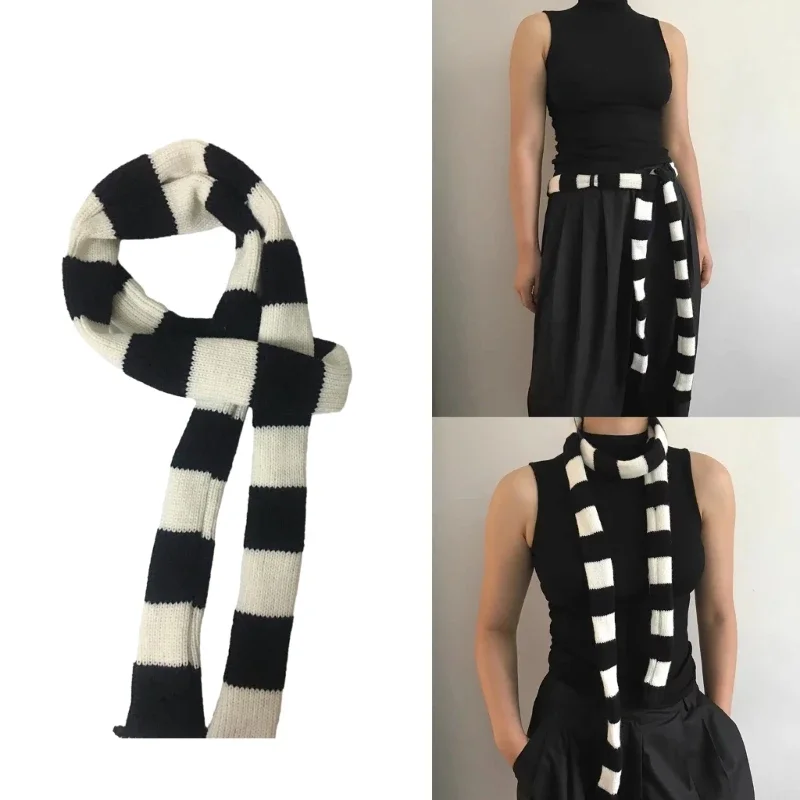 Women Skinny Scarf Thin Stripes Belt Long Tie Scarf Bag Handle Wrap Choker