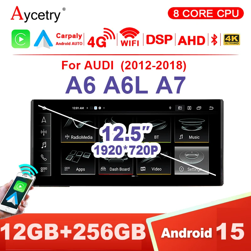12,5'' Kabelloses Carplay Android 15 Auto-Stereo-Display für Audi A6 C7 A7 2012-2018 Autoradio Multimedia-Player GPS Google 4G LTE