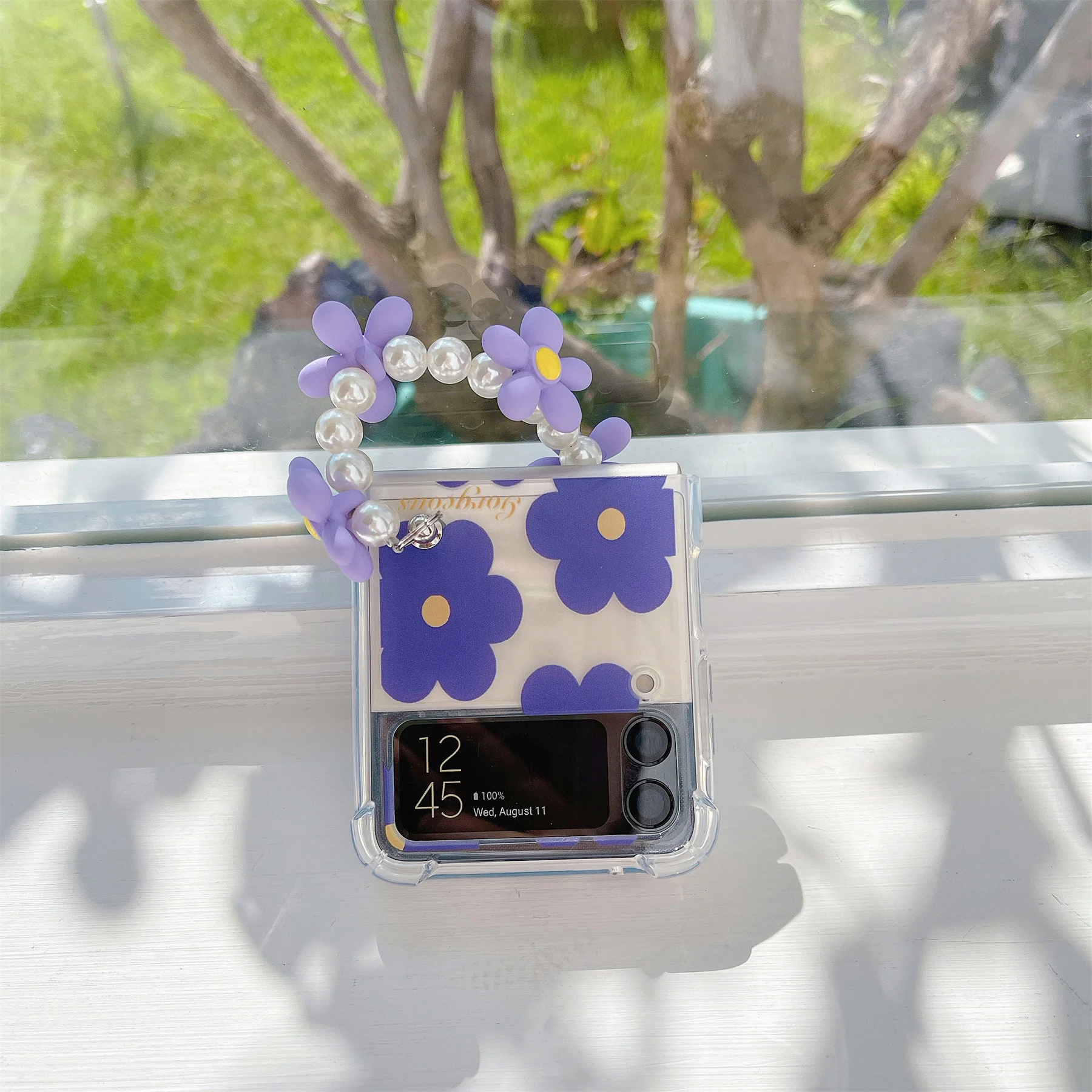 galaxy z flip3 5g case Korean Cute Pearl Floral Bracelet Chain Purple Flower Transparent Case for Samsung Galaxy Z Flip 3 5G Z Flip3 Zflip3 Cover samsung galaxy z flip3 case