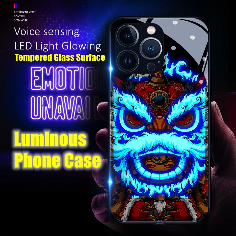 

Cool Lion Head LED Light Glowing Luminous Tempered Glass Surface Phone Case for iPhone 11 12 13 14 15 Pro Plus Max Accessories