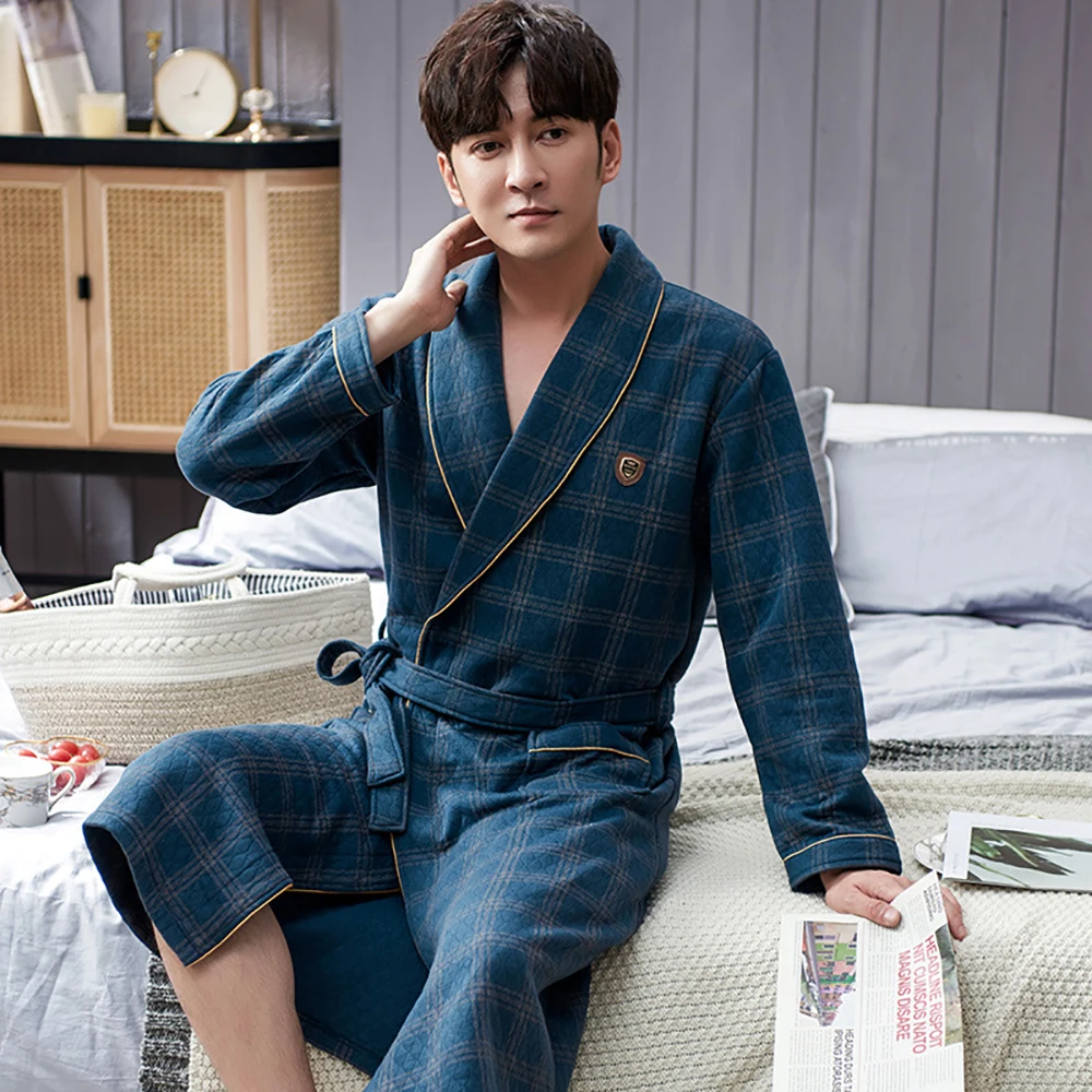 Autumn Winter Thick Warm Men Robe Bathrobe 100%Cotton Air Interlayer Bath Sleepwear Luxury Men Kimono Solid Plaid Dressing Gown