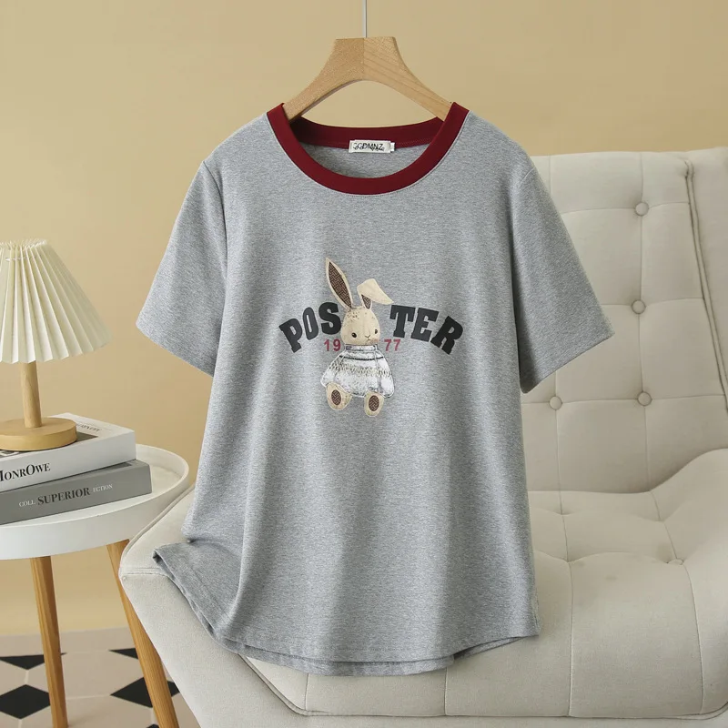 Summer Top 100kg New Casual Block Color Collar Print Rabbit Short Sleeve Tees Plus Size Women T-shirt 019