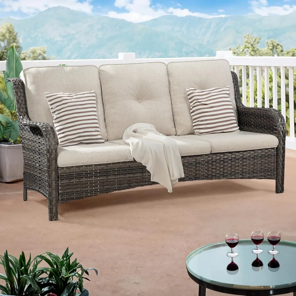 Outdoor Patio Couch Wicker Sofa - 3 Seater Rattan Sofa for Outside Patio Garden with Deep Seating and Olefin Cushions(Mi 4