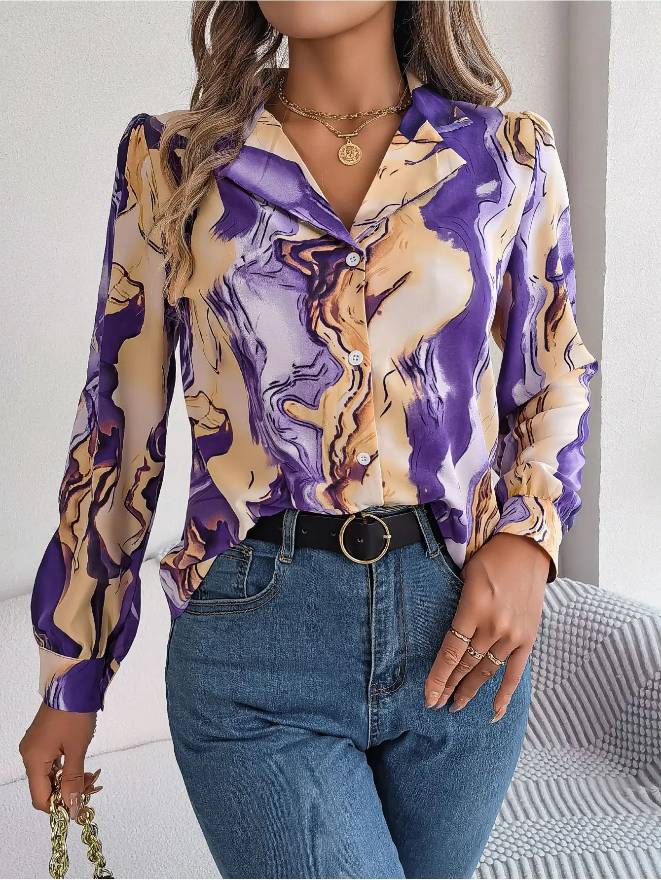 Autumn Winter Women Casual Notched Long Sleeve Blouse