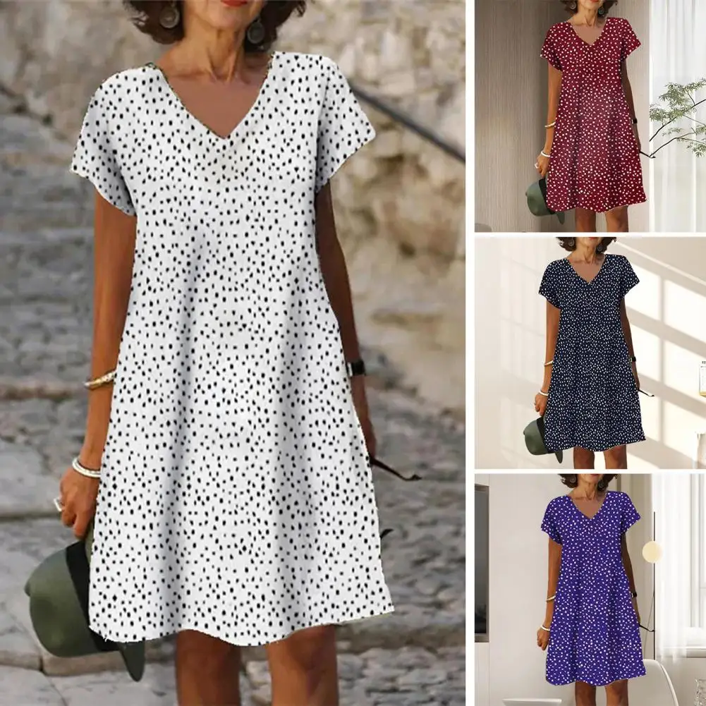 

2024 Summer Mini Dress Women V-Neck Short Sleeve Loose Hem Dress Casual Fashion Dot Print Dress Female Clothing платье женское