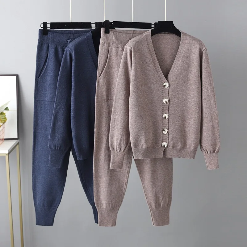

Women's Autumn Winter Pants Set Long Sleeve V Neck Catdigan Jacket Top + Carrot Pants Lady Casual Two Pieces Knitting Suit