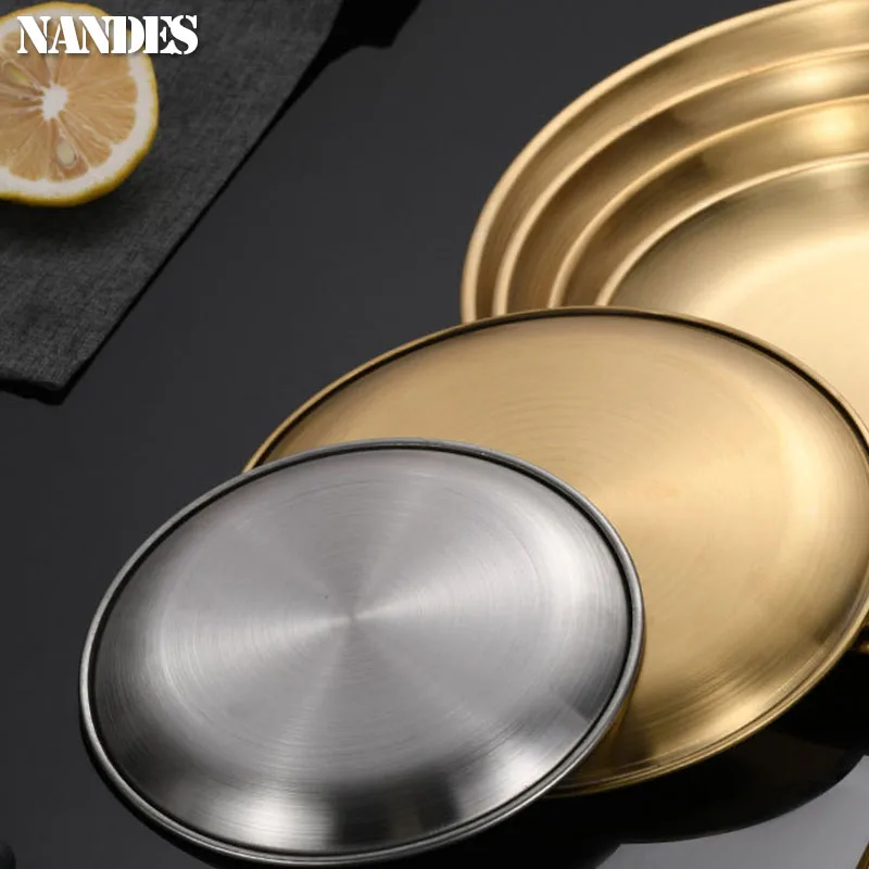Stainless Steel Plates 14/17/20/23/26/30CM Stainless Steel Bone Spitting Dish Gold Silver Shallow Tray Dining Disc