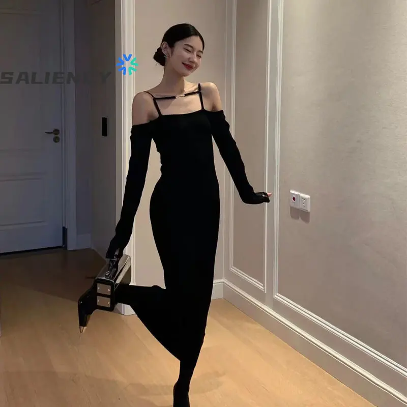 

Fashion Hollow One-shoulder Strapless Solid Black Long Sleeves Dress Women's Spring and Autumn Slim Knit Maxi Sweater Dress