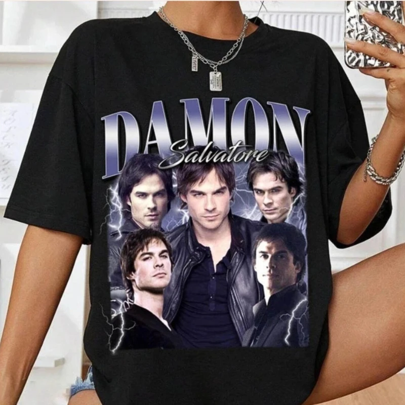 Damon Salvatore T-Shirt, Vampire Diaries Muster T-Shirt für Herren, Four Seasons Unisex Baumwolle Casual Fashion Streetwear