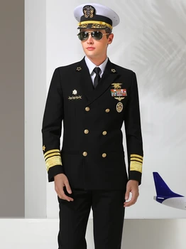 US Aircraft Carrier Officer Uniform Captain Suit Black Include Jacket Pants Hat