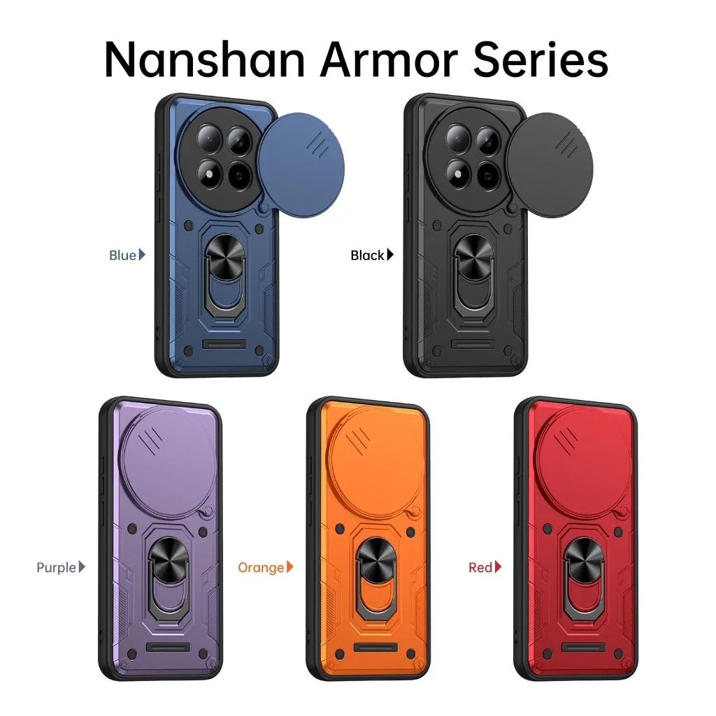 Rugged Shockproof Phone Case with Slide Camera Protection and 360° Rotating Ring Holder Kickstand