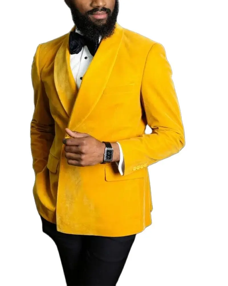 

2Pcs Yellow Velveteen Man Blazer Black Trousers Men Suits Slim Fit Costume Wedding Groom Tuxedos Prom Male Suit Coat+Pants+Tie