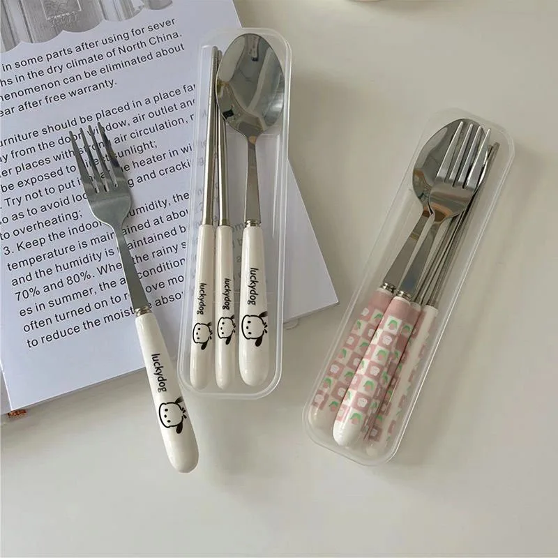 

Kawaii Pochacco Sanrioed Stainless Steel Tableware Cartoon Cute Portable Creative Girl Heart Fork Spoon Three Piece Gift Set