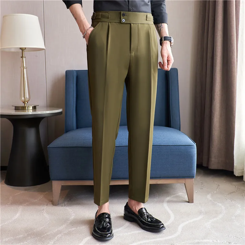 High Quality Men's Suit Pants British Business Dress Pants Casual Office  Wedding Trousers Black Gray Streetwear Costume Homme