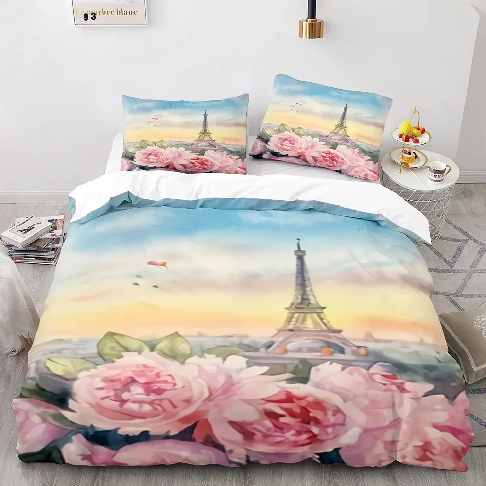 Eiffelturm-Bettbezug-Set, King-Size-Bett, Vintage, schönes weltberühmtes Gebäude, Sakura-Twin-Bettwäsche-Set aus Polyester für Kinder und Mädchen – Detail 4