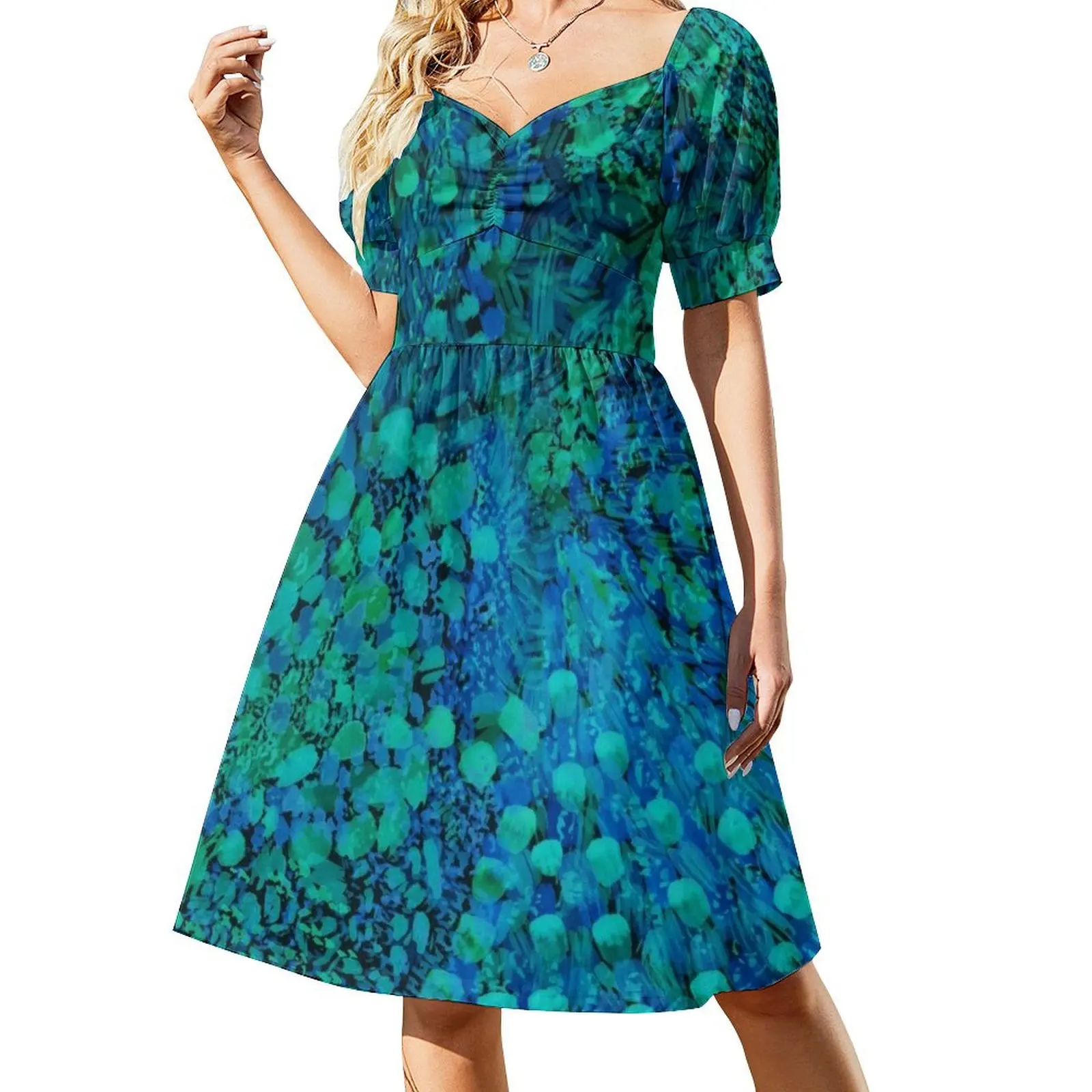 thumbnail image 1 of Vestido de manga corta con pintura de acuarela de pavo real, vestidos de mujer, vestidos de noche, vestido, 1 of 7