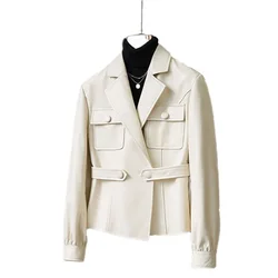Spring Autumn Short Leather Blazer Coat Women 2024 New Fashion Loose PU Leather Jacket Pure Colour Black White Outerwear Female
