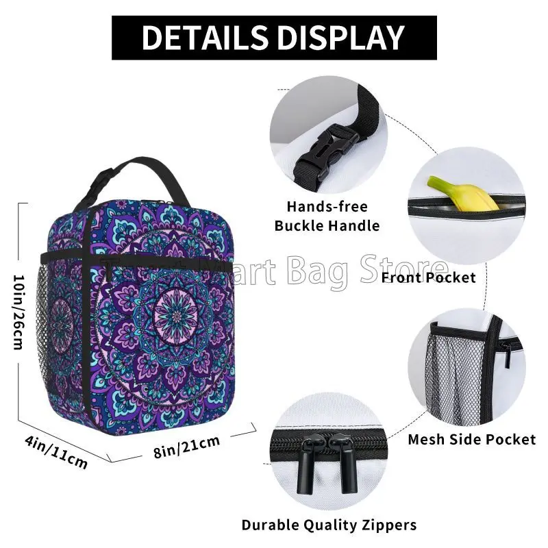 Boho Blue Mandala Retro Floral Insulated Lunch Bag Reusable Waterproof Lunch Box Thermal Cooler Tote Bag for Work Travel Picnic