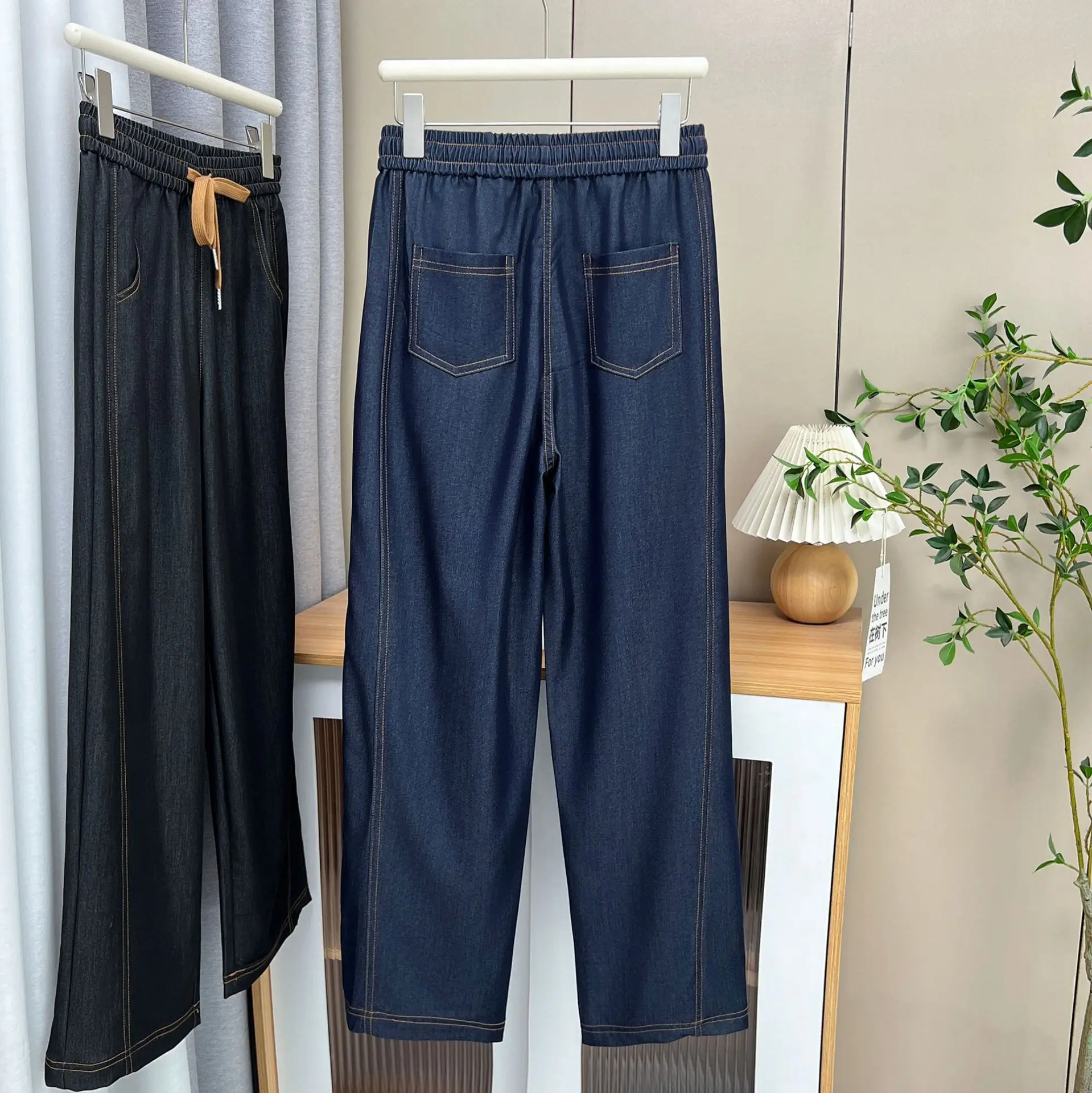 2025 Summer Wide Leg Jeans New 100KG Plus Size Women Casual Thin Bright Line Ice Silk Straight Trousers 9356